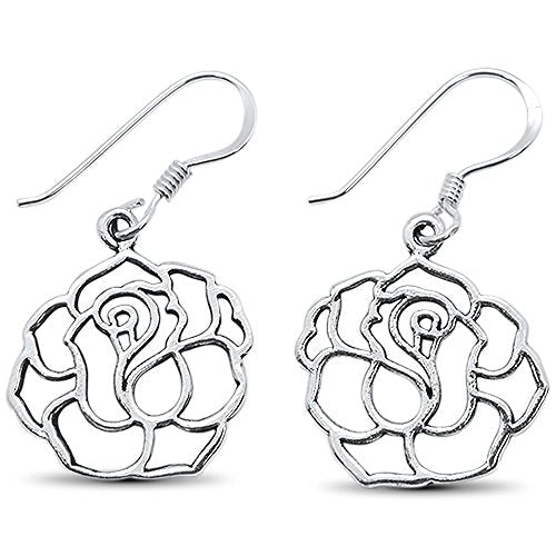  Sterling Silver Plain Rose Design Dangling Earrings