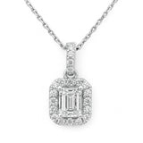 .39ct G SI 14K White Gold Emerald Cut Diamond Halo Solitaire Pendant 18" Long