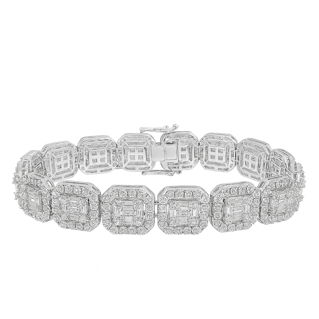 12mm 15.16ct G SI 14K White Gold Round & Baguette Diamond Bracelet 8"
