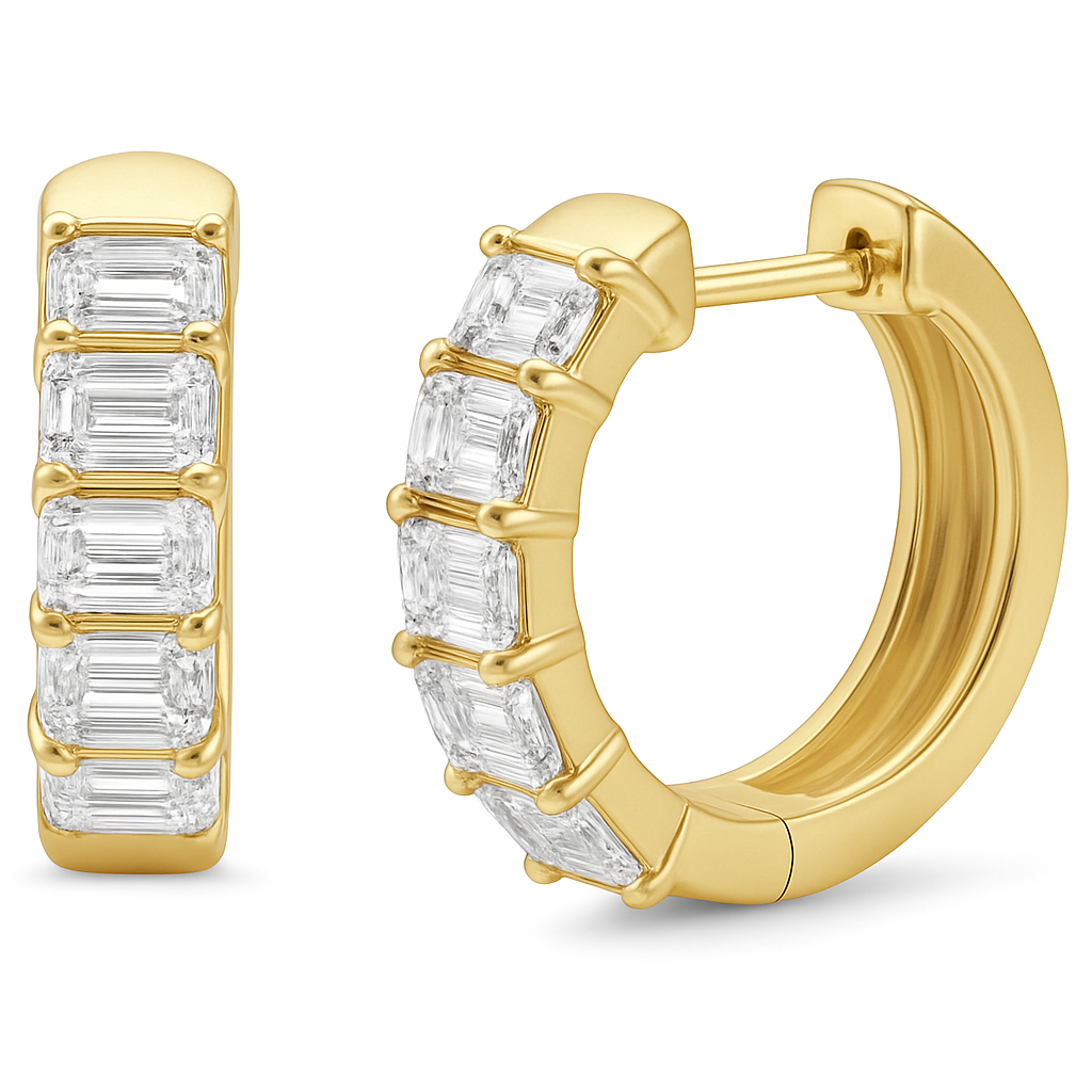 <span style="color:purple">SPECIAL!</span>1.94ct G SI 14K Yellow Gold Emerald Cut Diamond Earrings Hoop Huggie