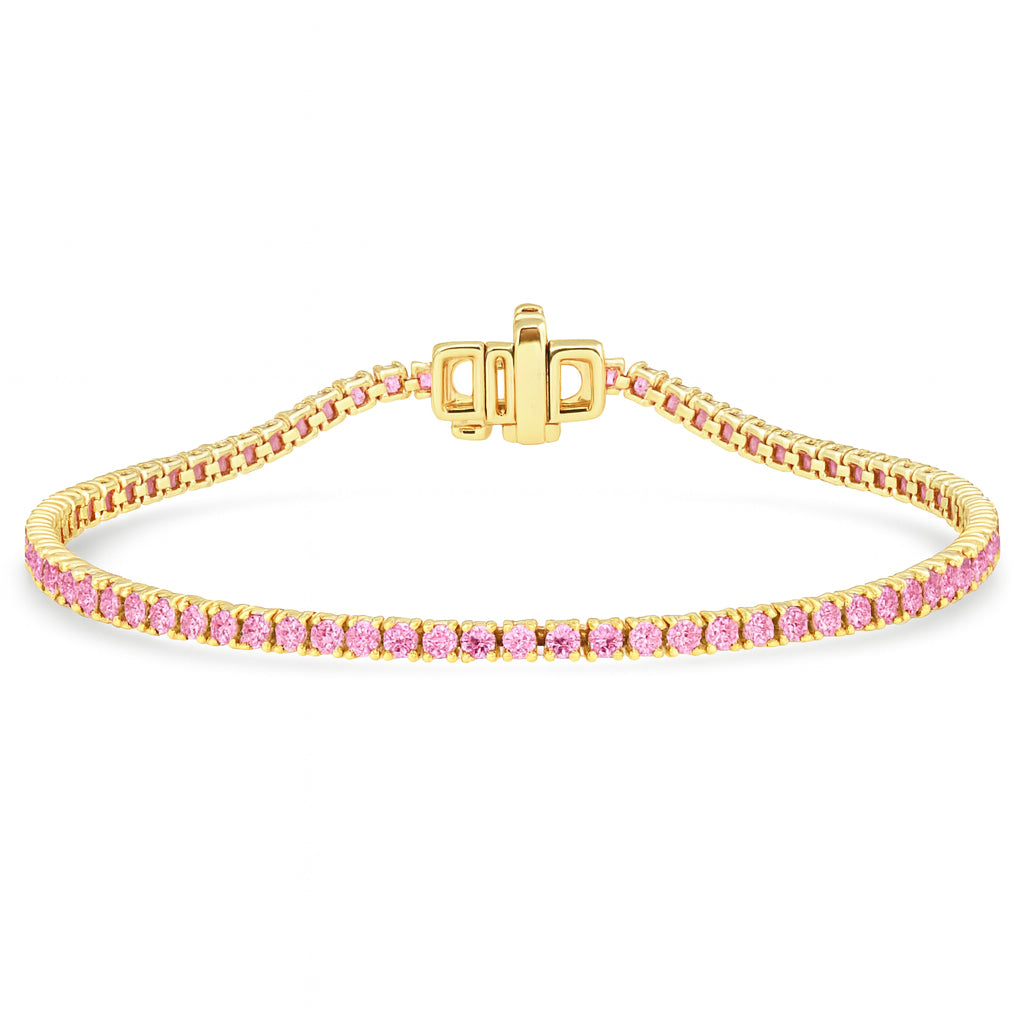 3.47ct G SI 14kt Yellow Gold Pink Sapphire Tennis Bracelet 7" Long