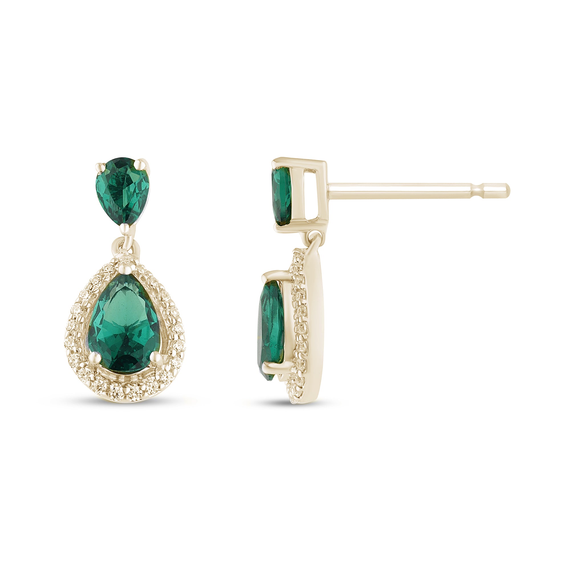 <span style="color:purple">SPECIAL!</span> 1.12ct G SI 14K Yellow Gold Diamond Pear Shape & Emerald Gemstones Dangling Earrings