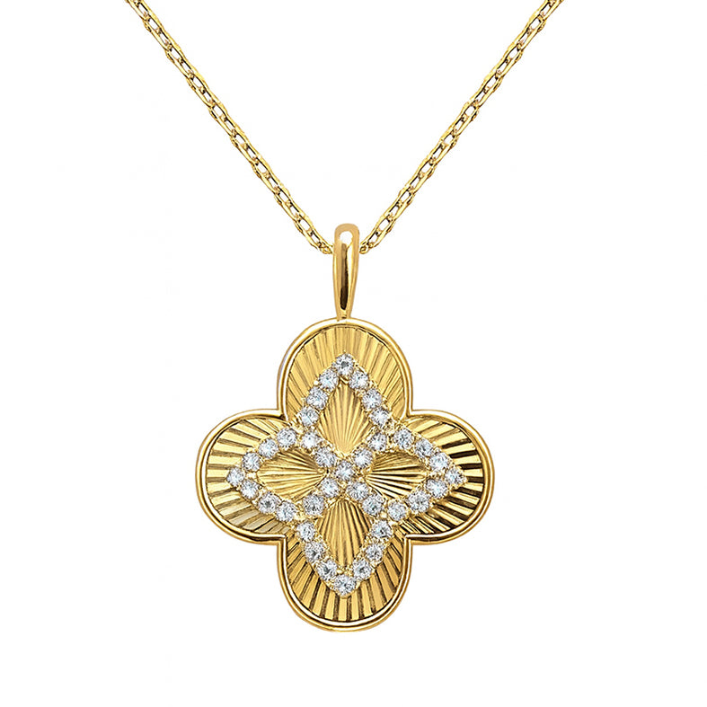 .25ct G SI 14kt Yellow Gold Diamond Clover Shape Disc Medallion Pendant Necklace 18" Long