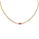 2.45G SI 14K Yellow Gold Diamond & Pink Tourmaline Gemstone Cuban Chain Pendant Necklace 16" Long