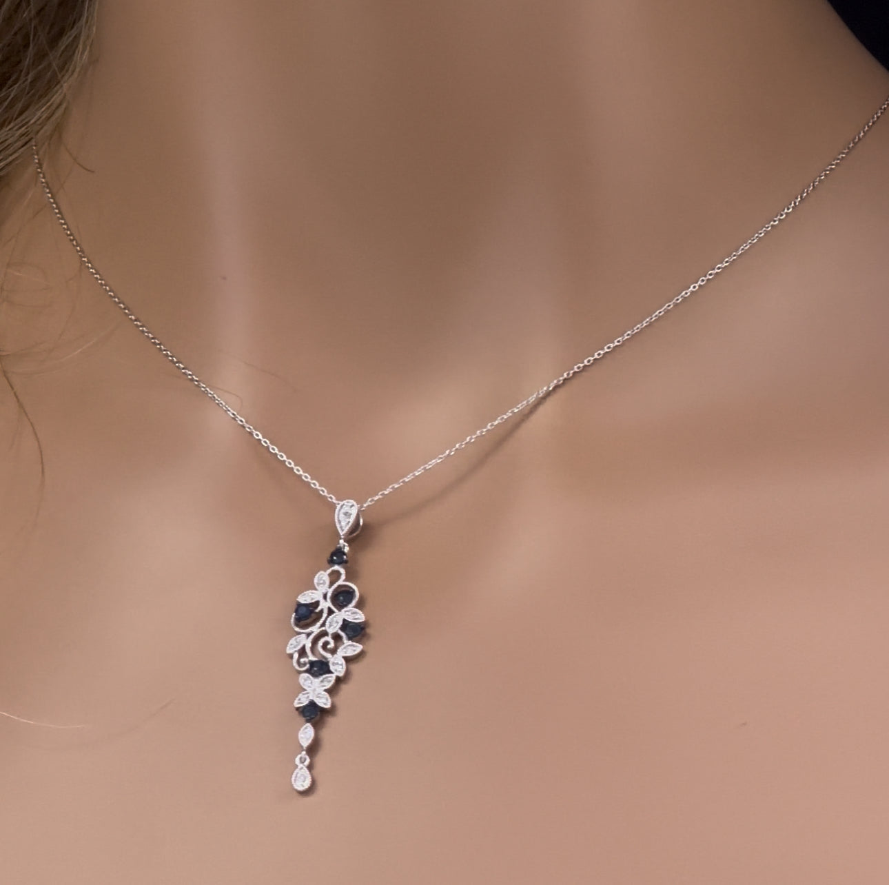.48ct G SI 14K White Gold Diamond Blue Sapphire Gemstones Pendant Necklace 18" Long Chain