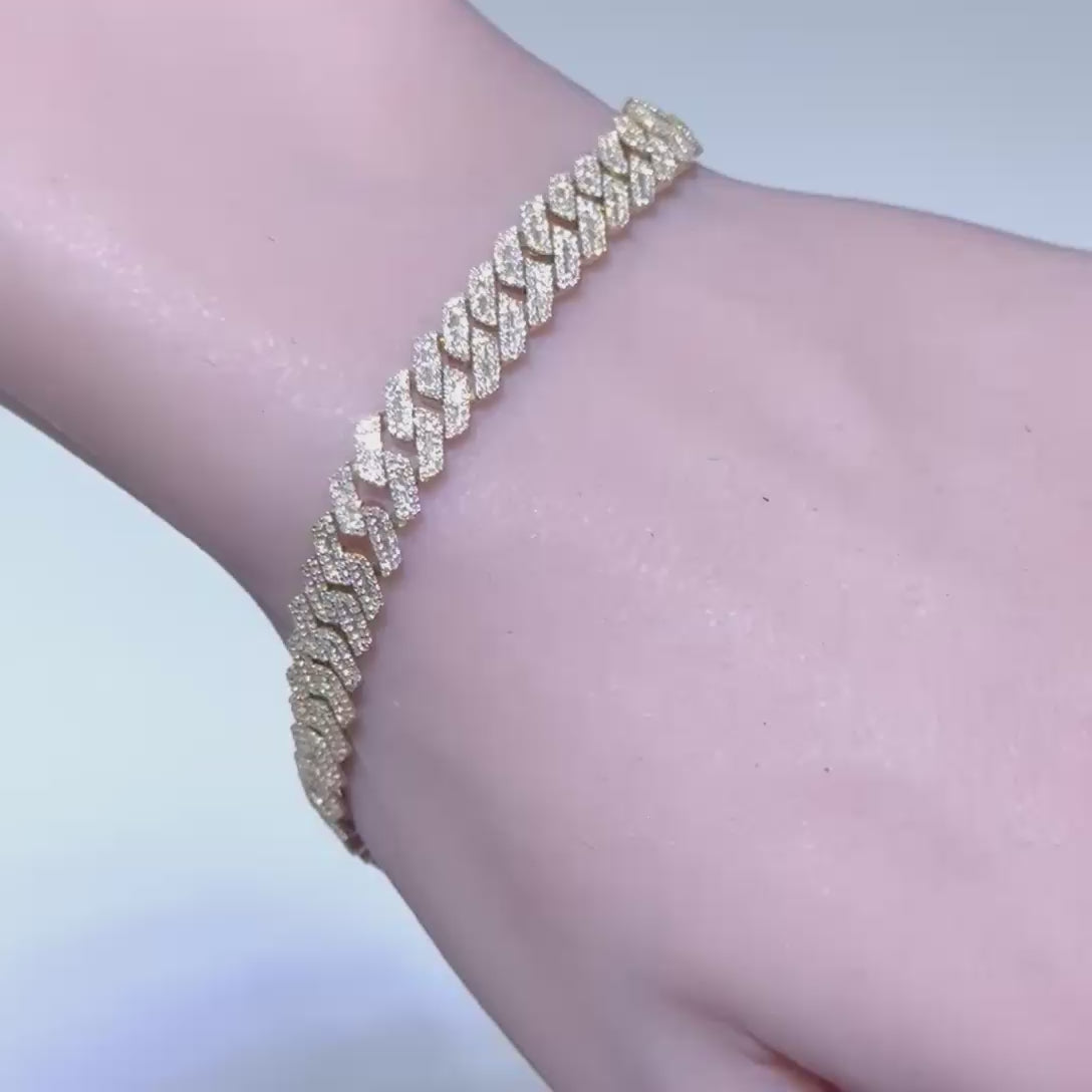 <span style="color:purple">SPECIAL!</span> 7MM 2.95ct G SI 14K Yellow Gold Round & Baguette Diamond Cuban Bracelet 8" Long