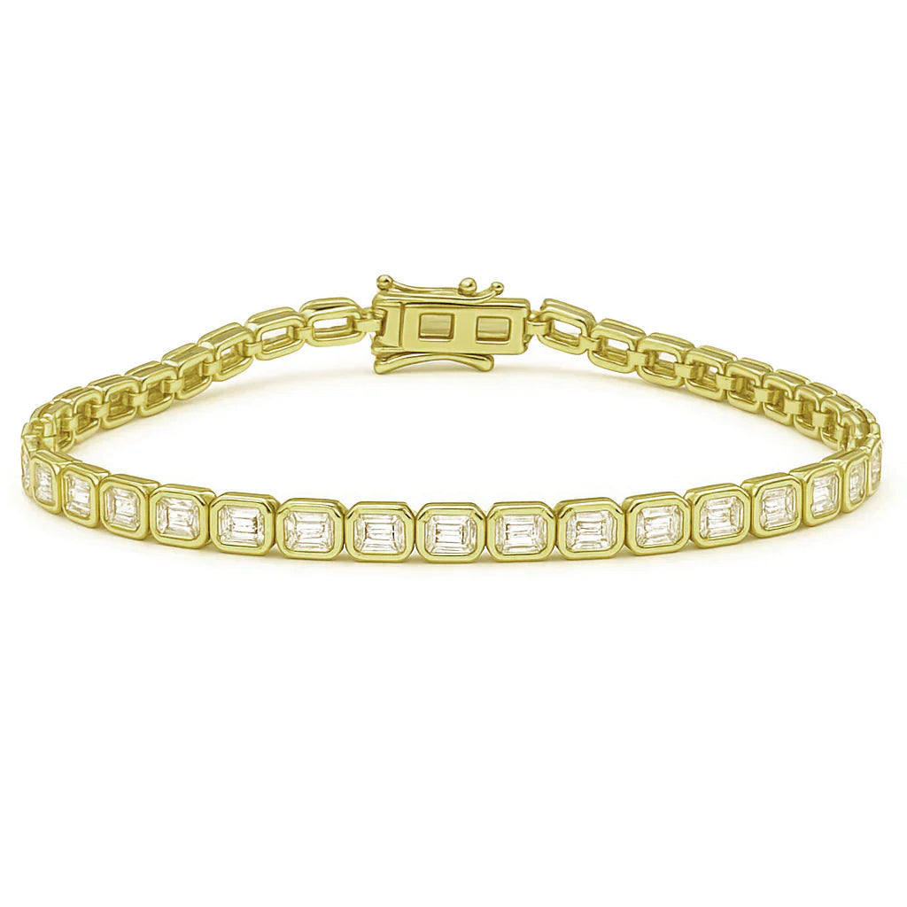 4.07ct G SI 14K Yellow Gold Emerald Cut Diamond Bezel Set Tennis Bracelet 7" Long