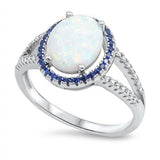 Oval White Opal & Sapphire Halo .925 Sterling Silver Ring