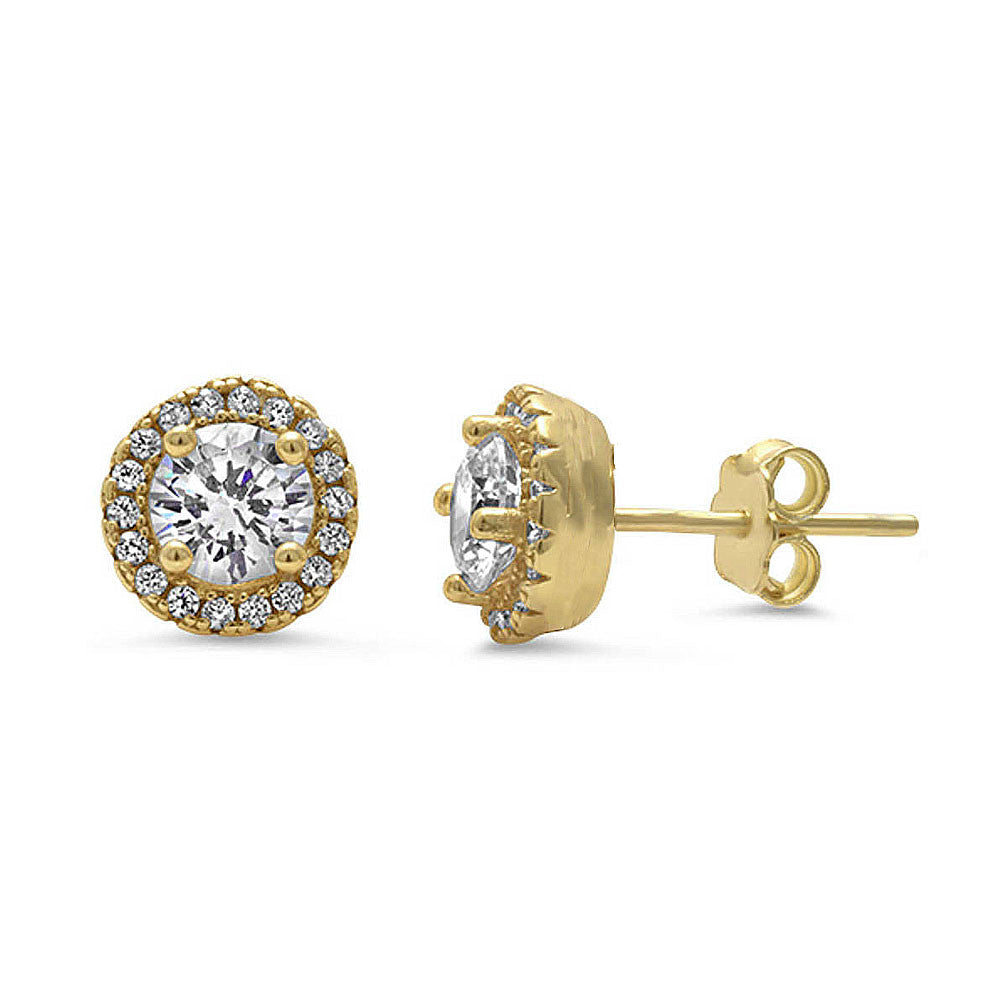 Yellow Gold Plated Halo Cubic Zirconia .925 Sterling Silver Earrings