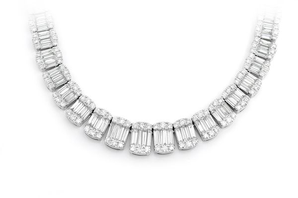19.07ct G SI 14K White Gold Diamond Round & Baguette Tennis Necklace 16.5"