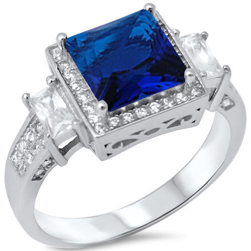 <span>CLOSEOUT!</span> 5.50ct Princess Cut Blue Sapphire & Cz .925 Sterling Silver Ring Sizes 5-11