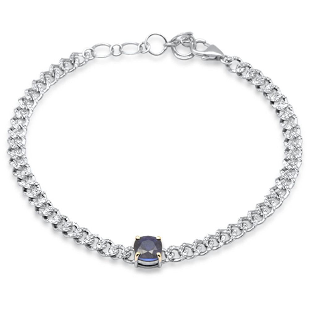 <span style="color:purple">¡ESPECIAL!</span> Pulsera cubana de oro blanco de 14 quilates con zafiro azul talla cojín y diamantes de 1,57 ct G SI, 6+1,5" de largo