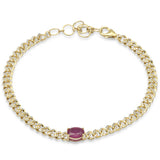 1.74ct G SI 14K Yellow Gold Oval Ruby Gemstone & Diamond Cuban Bracelet 6+1.5" Long