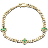  .52ct G SI 14K Yellow Gold Emerald Gemstone Flower Cuban Bracelet 7" Long