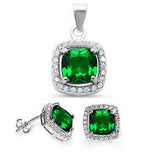 Cushion Cut Emerald & Cz .925 Sterling Silver & Pendant Jewelry set