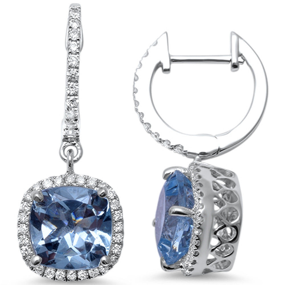 3.02cts Cushion Cut Aquamarine Gemstone & Diamond 14k White Gold Earrings