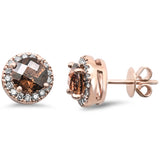 1.73ct G SI 14K Rose Gold Round Shaped Smoky Topaz Gemstone & Diamond Earrings