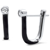 <span style="color:purple">SPECIAL!</span> .08ct G SI 14K White Gold Diamond & Black Enamel Hoop Earrings