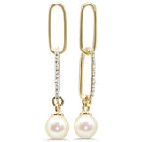 .10ct G SI 14K Yellow Gold Diamond Pearl Paper Clip Drop Earrings