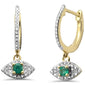 <span style="color:purple">SPECIAL!</span>.35ct G SI 14K Yellow Gold Diamond & Emerald Gemstones Evil Eye Hoop Dangling Earrings