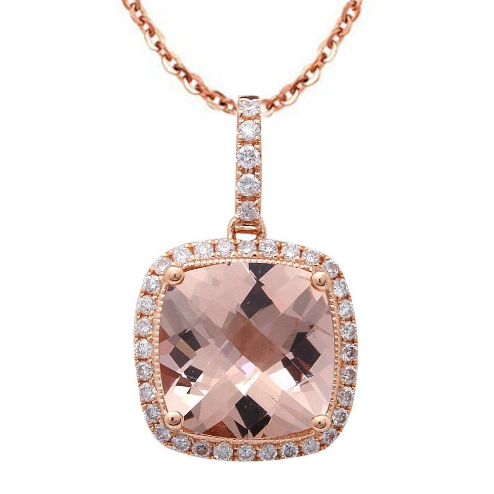 2.91cts 14k Rose Gold Cushion Cut Morganite Gemstone & Diamond Pendant