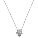 <span>¡REBAJAS DE DIAMANTES! </span>Collar de oro blanco de 14 quilates con diamante de 0,11 quilates y diseño moderno de mano de Hamsa Chai de 18 pulgadas