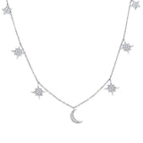 .18ct 14kt White Gold Crescent Moon & Stars Diamond Pendant Necklace 18"