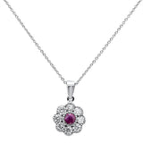 1.06ct 10k White Gold Ruby & Diamond Flower Pendant Necklace 18"