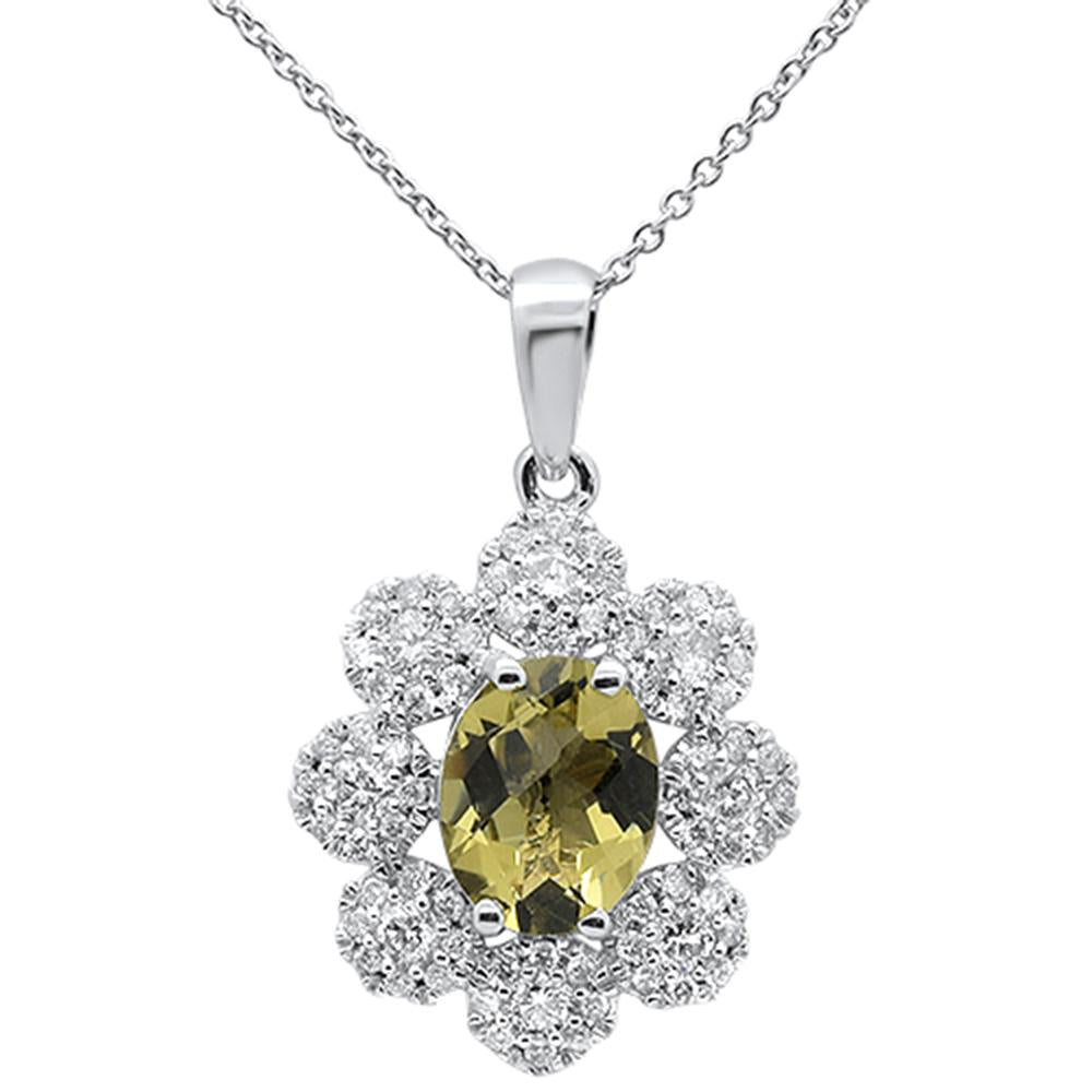 2.34cts 10k White Gold Olive Quartz & Diamond Pendant Necklace 18" Long