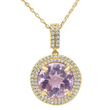 3.25ct 10k Yellow Gold Round Pink Amethyst & Diamond Pendant Necklace 18"