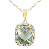 2.82ct Cushion Cut Green Amethyst 10k Yellow Gold Diamond Pendant Necklace