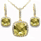 <span>GEMSTONE CLOSEOUT! </span>5.07ct 10k Yellow Gold Cushion Olive & Diamond Earring & Pendant Set 18"