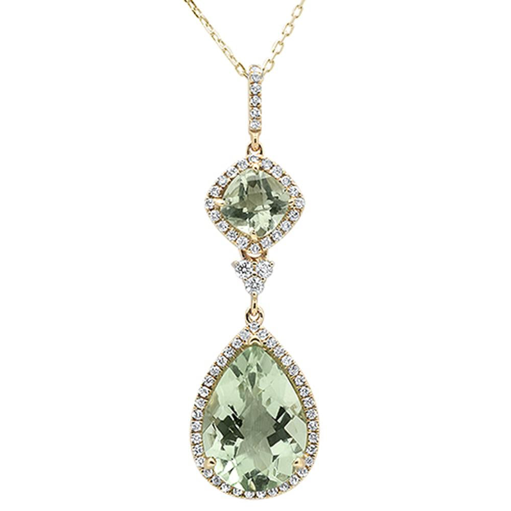 <span>GEMSTONE CLOSEOUT! </span> 6.19ct 14k Yellow Gold Pear & Cushion Green Amethyst Diamond Pendant 18"