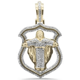 <span>DIAMOND CLOSEOUT! </span> 1.35CT G SI 10K Yellow Gold Diamond Micro Pave Badge Jesus on Cross Charm Pendant
