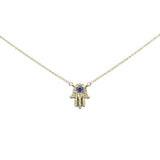 .31ct G SI 14K Yellow Gold Diamond & Blue Sapphire Hamsa Pendant Necklace 18" Long Chain