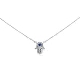 .32ct G SI 14K White Gold Diamond & Blue Sapphire Hamsa Pendant Necklace 18" Long Chain