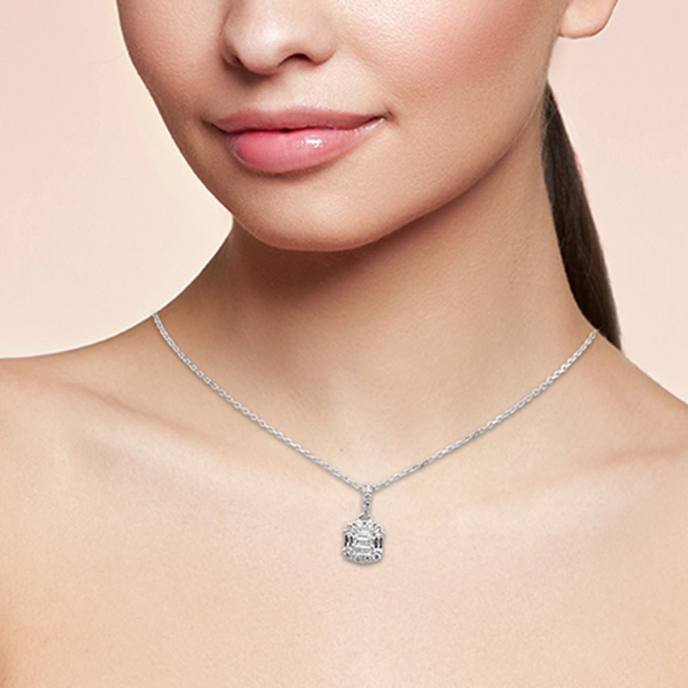 .35ct G SI 14K White Gold Round & Baguette Diamond Pendant Necklace 18" Long