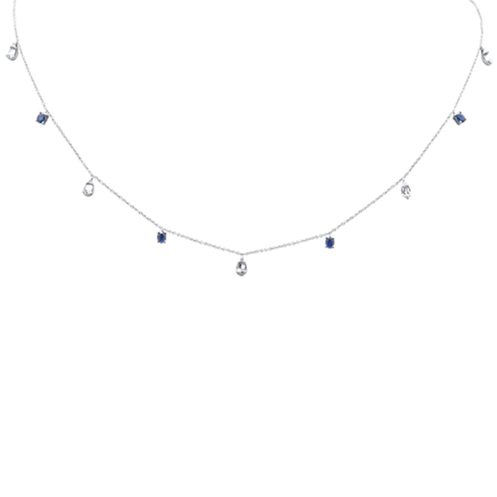1.18ct G SI 14K White Gold Diamond & Blue Sapphire Gemstone Pendant Necklace 16+2" Long