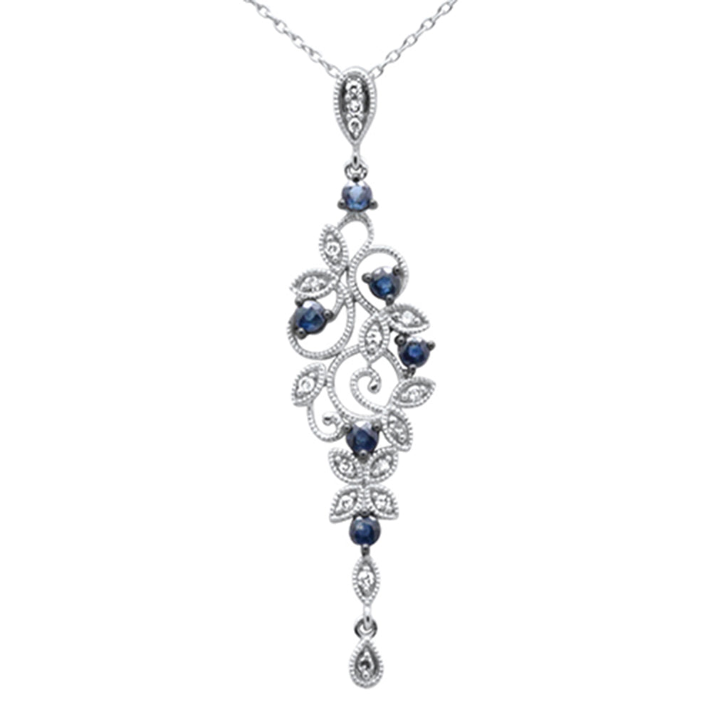 .48ct G SI 14K White Gold Diamond Blue Sapphire Gemstones Pendant Necklace 18" Long Chain
