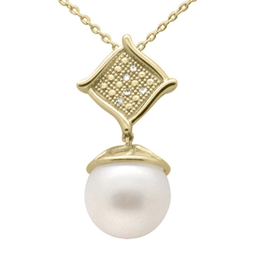 .03ct G SI 14K Yellow Gold Diamond Pearl Pendant Necklace 18" Long Chain