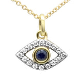 .18ct G SI 14K Yellow Gold Diamond & Blue Sapphire Gemstones Evil Eye Pendant Necklace 16 + 2" Long