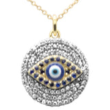 .49ct G SI 14K Yellow Gold Diamond & Blue Sapphire Gemstones Round Evil Eye Pendant Necklace 18" Long