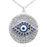 <span style="color:purple">SPECIAL!</span> .48ct G SI 14K White Gold Diamond & Blue Sapphire Gemstone Round Evil Eye Pendant Necklace 16" + 2" Ext.