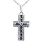 <span style="color:purple">SPECIAL!</span> .40ct G SI 14K White Gold Diamond & Blue Sapphire Gemstone Cross Pendant Necklace 16" + 2" Ext.