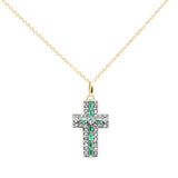 .35ct G SI 14K Yellow Gold Diamond & Emerald Gemstone Cross Pendant Necklace 16" + 2" Ext