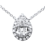 .15ct G SI 14K White Gold Diamond Round & Baguette Pear Shape Pendant Necklace 16" + 2" EXT