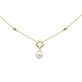 .11ct G SI 14K Yellow Gold Diamond Flower & Pearl Pendant Necklace 16" + 2" EXT