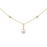 .08ct G SI 14K Yellow Gold Diamond Dangling Pearl Pendant Necklace 16" + 2" EXT