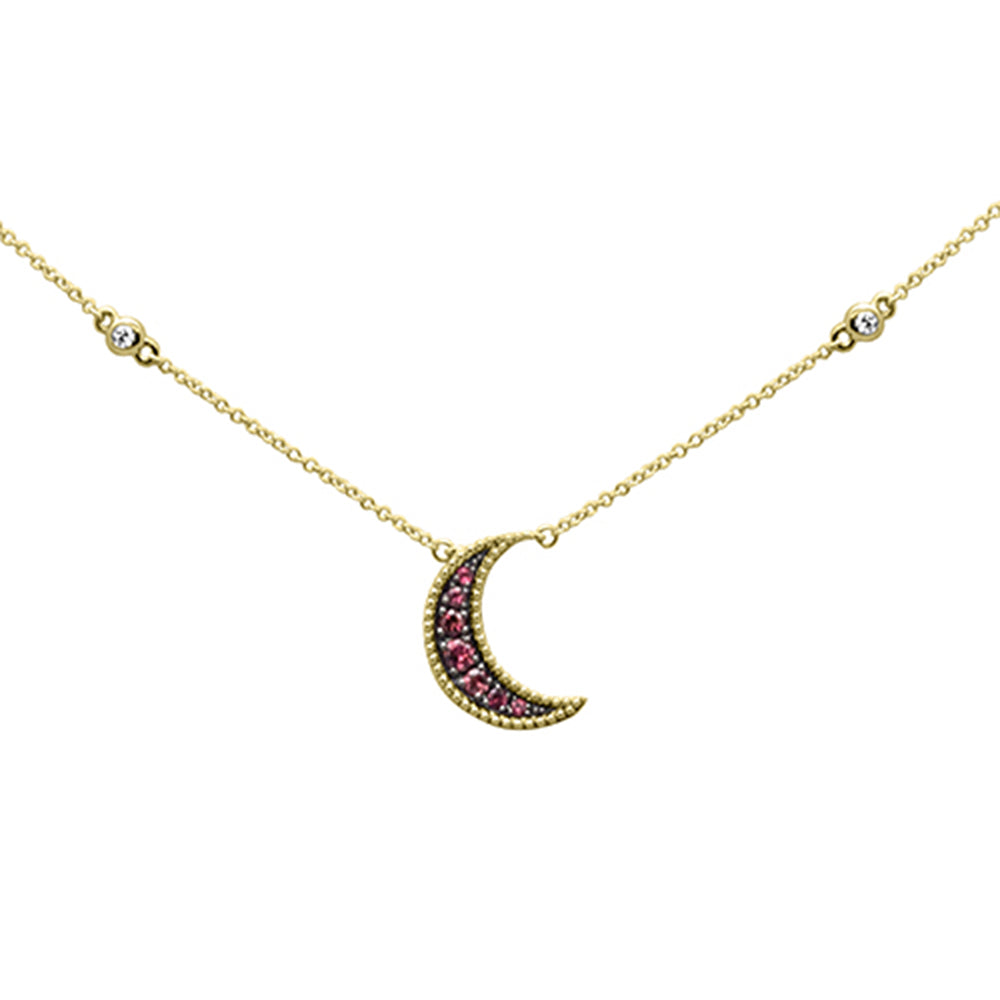.04ct,.21ct G SI 14K Yellow Gold Diamond Pink Tourmaline Half-Moon Necklace 18"Long