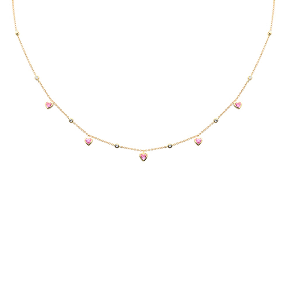 .84ct G SI 14K Yellow Gold Round Diamond & Pink Sapphire Hearts Necklace 16 + 2" Ext